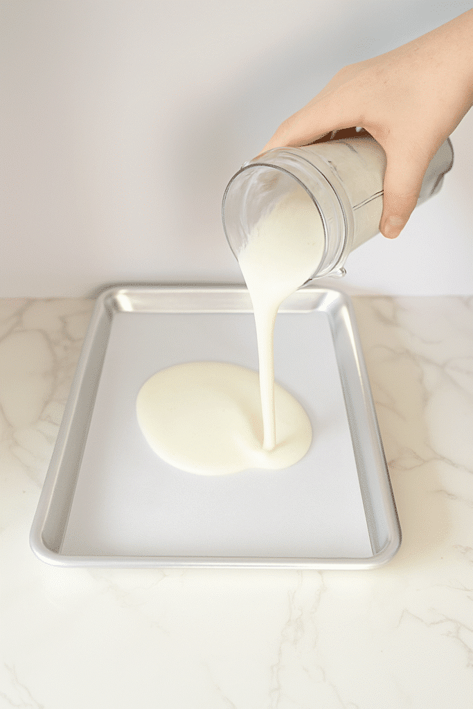 Delightfully Easy Cottage Cheese 2 Ingredient Flatbread (High Protein + Gluten-Free) 8 Hand pouring creamy white cottage cheese mixture from a blender onto a white parchment-lined baking sheet on a marble countertop.