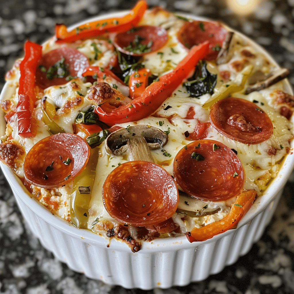 Cottage cheese pizza bowl in a ceramic dish