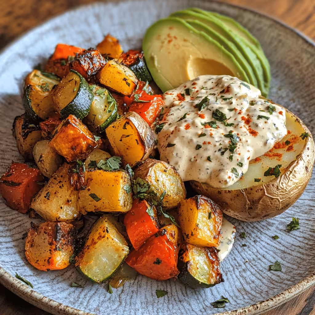 Cottage cheese queso served over roasted veggies and potatoes