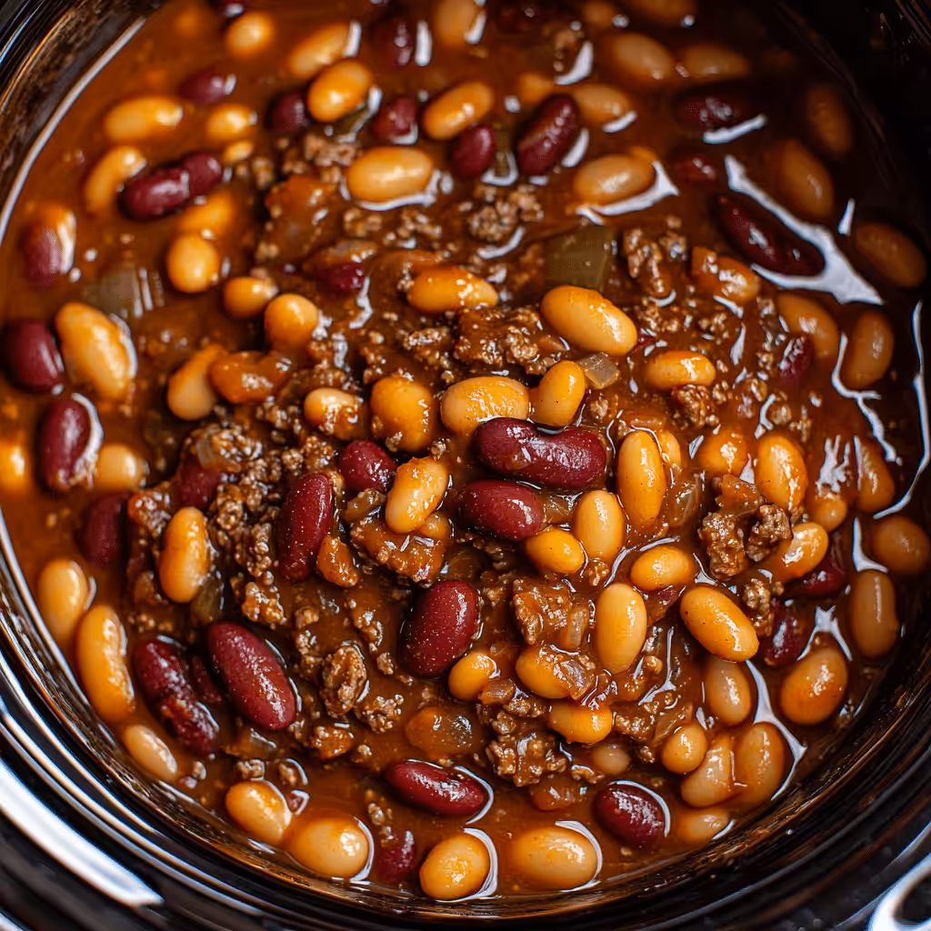 Cowboy Beans Recipe crockpot ingredients combined before cooking