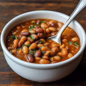 Cowboy Beans Recipe Crockpot served hot in rustic bowl