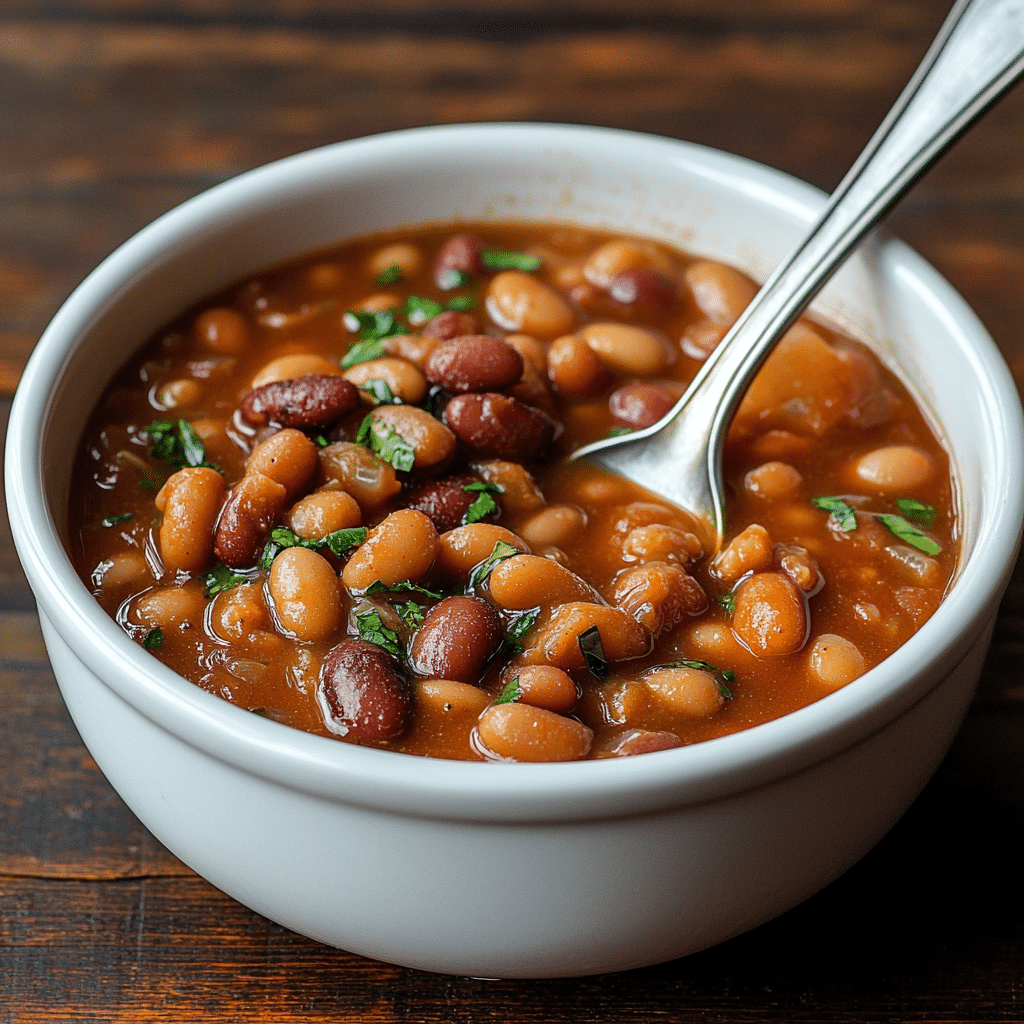 Cowboy Beans Recipe Crockpot served hot in rustic bowl