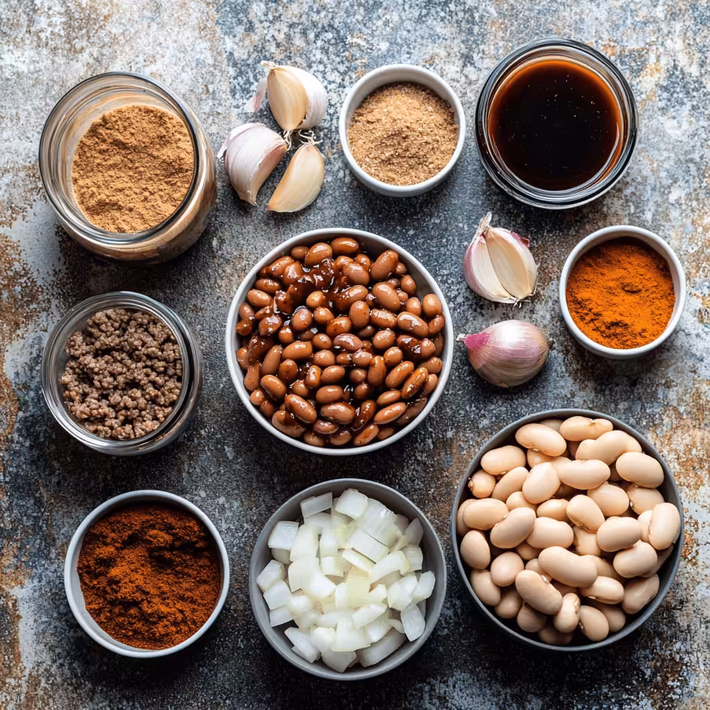 ingredients for Cowboy Beans recipe crockpot laid out on the kitchen counter