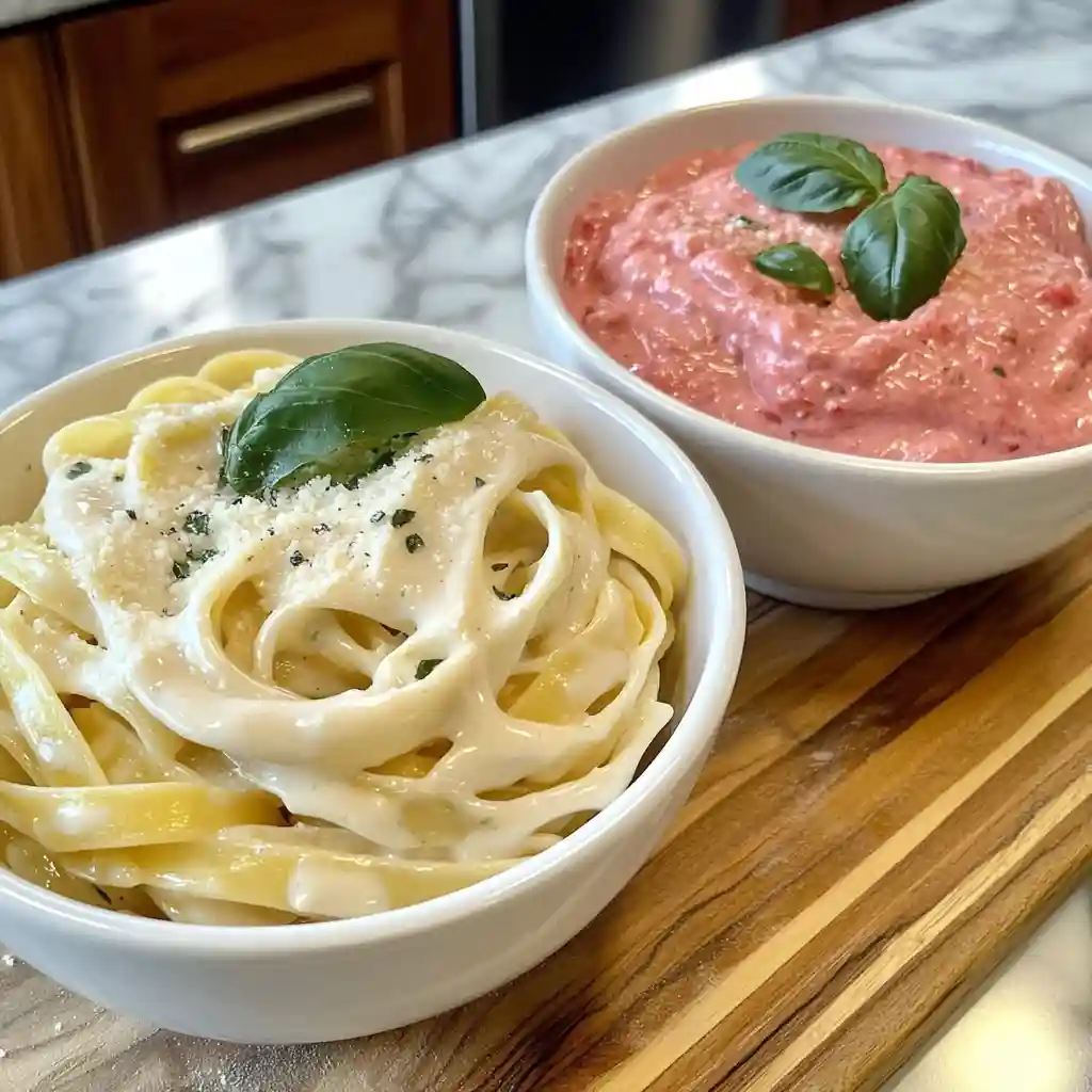 The Ultimate Guide to Cottage Cheese Meal Prep for Dinner 118 Two white bowls of pasta, one with creamy Alfredo-style cottage cheese sauce and the other with rosé marinara cottage cheese sauce, are displayed on a wooden counter with soft kitchen lighting. The bowls are garnished with herbs.