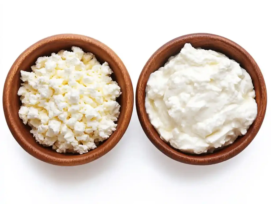 Cottage cheese vs Greek yogurt texture, chunky vs smooth in wooden bowls