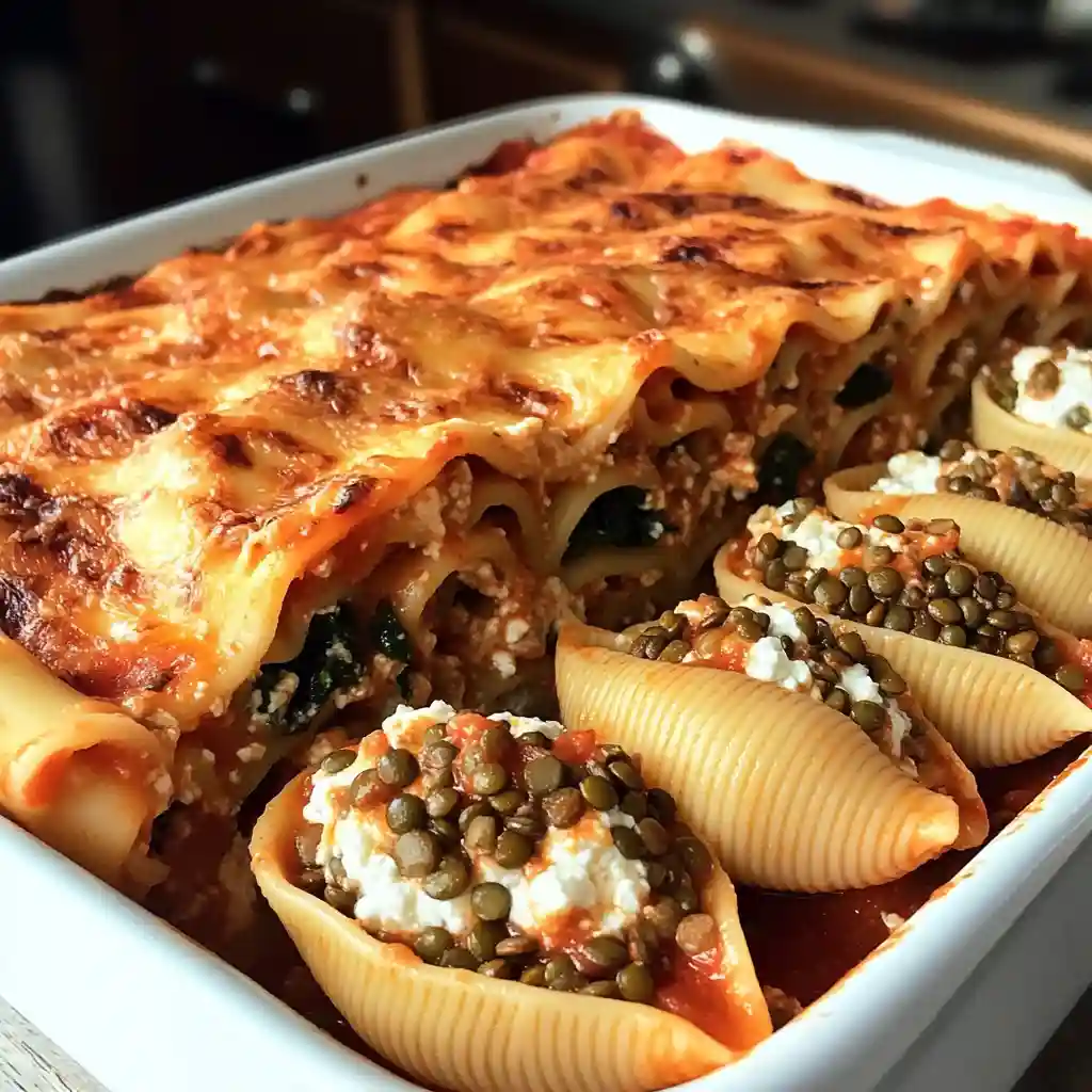 The Ultimate Guide to Cottage Cheese Meal Prep for Dinner 111 A close-up of high-protein lasagna and stuffed pasta shells in a white ceramic dish, made with whipped cottage cheese, ground turkey, spinach, lentils, and marinara, captured in warm kitchen lighting.