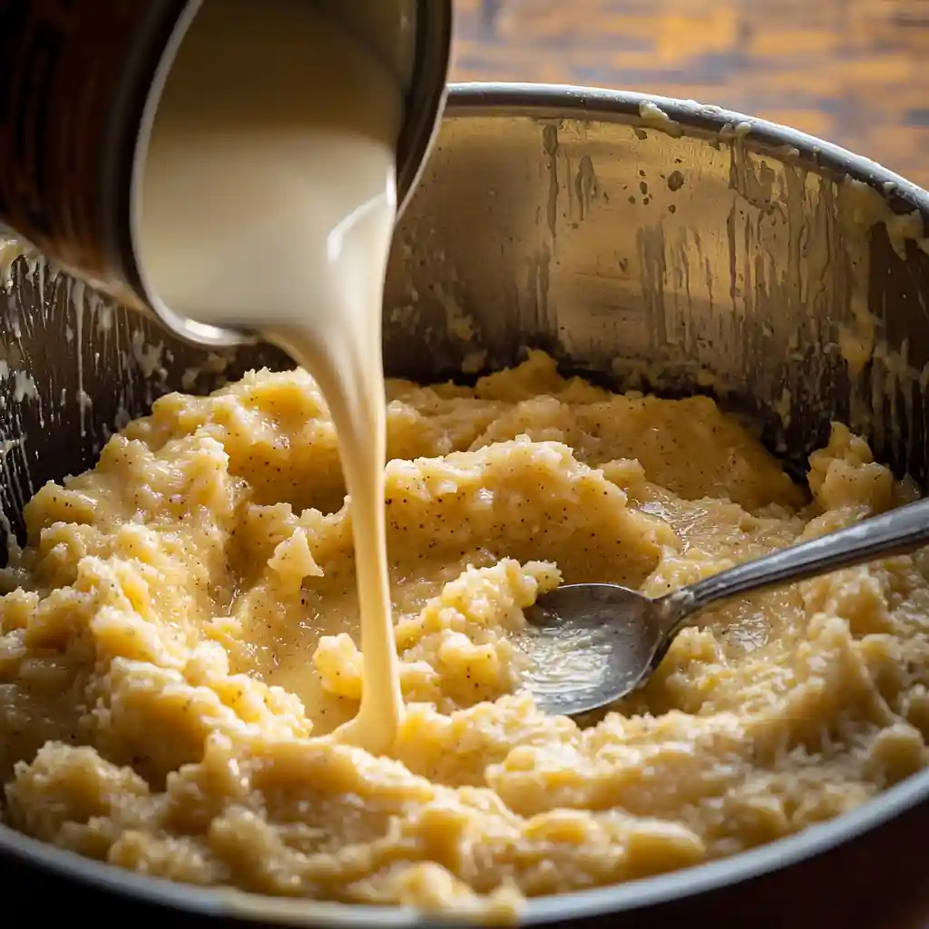 3 Ingredient Banana Bread with Self-Rising Flour – The Ultimate 2 Easy Recipes 20 Pouring condensed milk into mashed bananas to create the batter for a rich banana bread with condensed milk recipe
