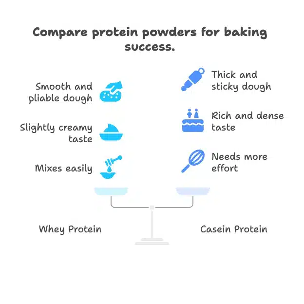 Protein Cookie Dough Bark That Hits Every Mark 13 Infographic comparing whey protein and casein protein for baking protein cookie dough bark, showing differences in dough texture, taste, and mixing ease.