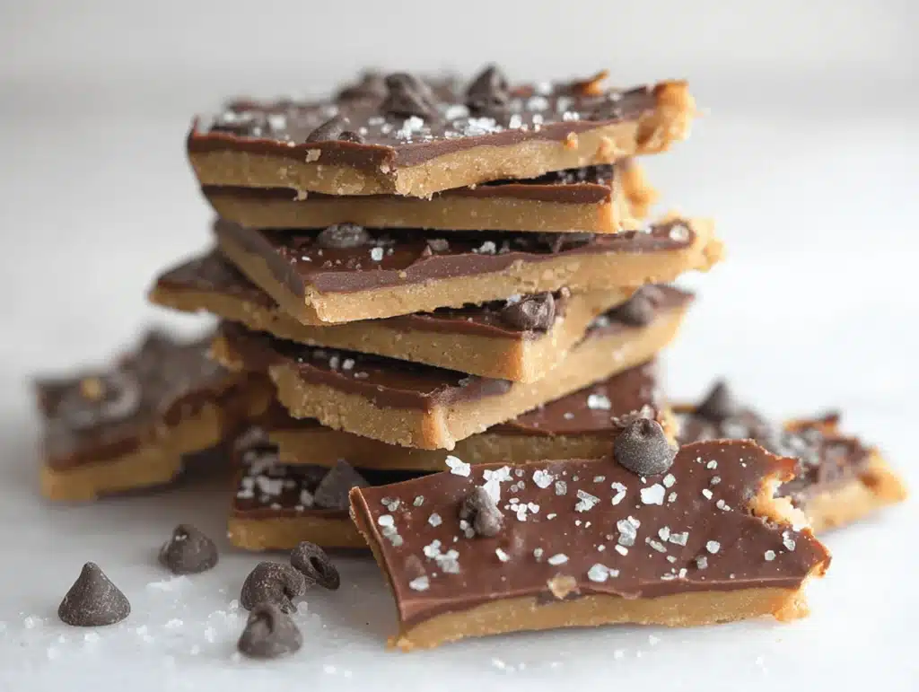 Stack of chocolate-covered protein cookie dough bark pieces topped with sea salt and chocolate chips on a white surface.