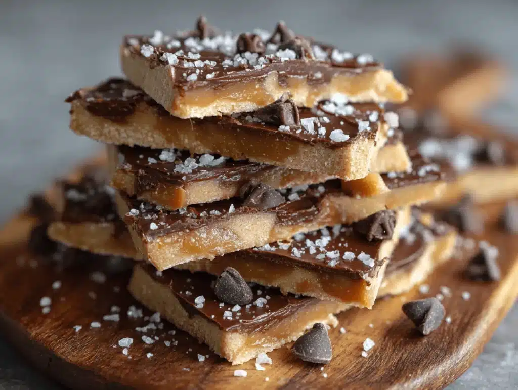 Protein Cookie Dough Bark That Hits Every Mark 9 Stack of chocolate-covered protein cookie dough bark pieces on a wooden board, sprinkled with sea salt and chocolate chips.