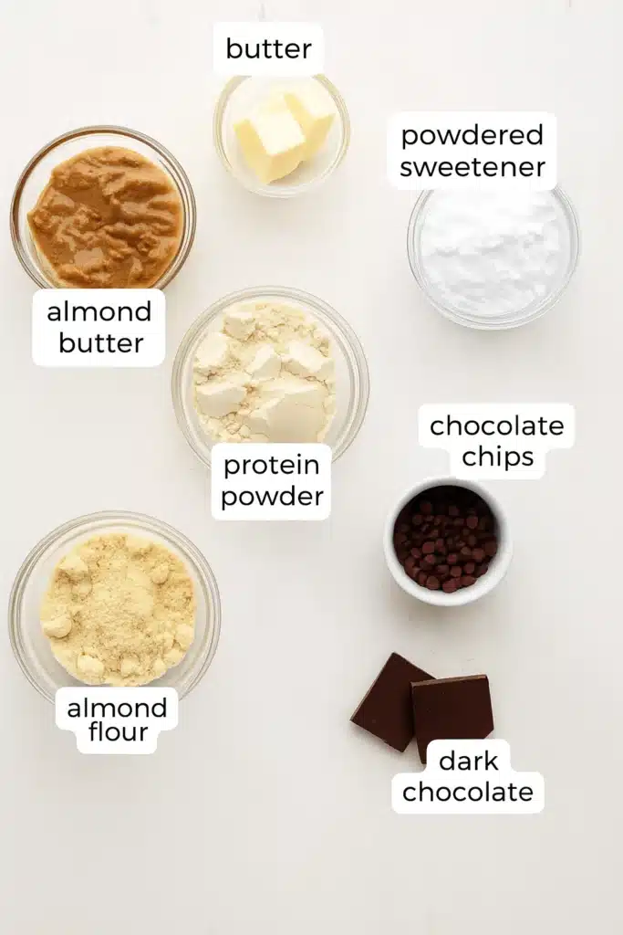 Protein Cookie Dough Bark That Hits Every Mark 11 Protein cookie dough bark ingredients including almond butter, butter, protein powder, almond flour, chocolate chips, dark chocolate, and powdered sweetener