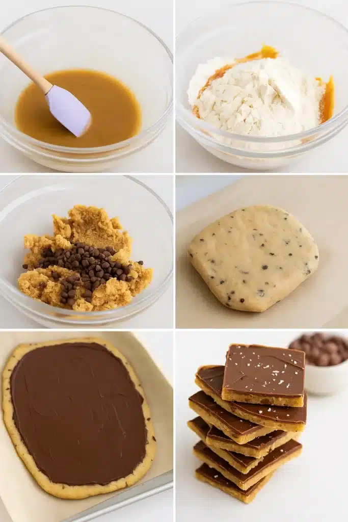 Protein Cookie Dough Bark That Hits Every Mark 12 Step-by-step process of making protein cookie dough bark, from mixing to chocolate coating and slicing