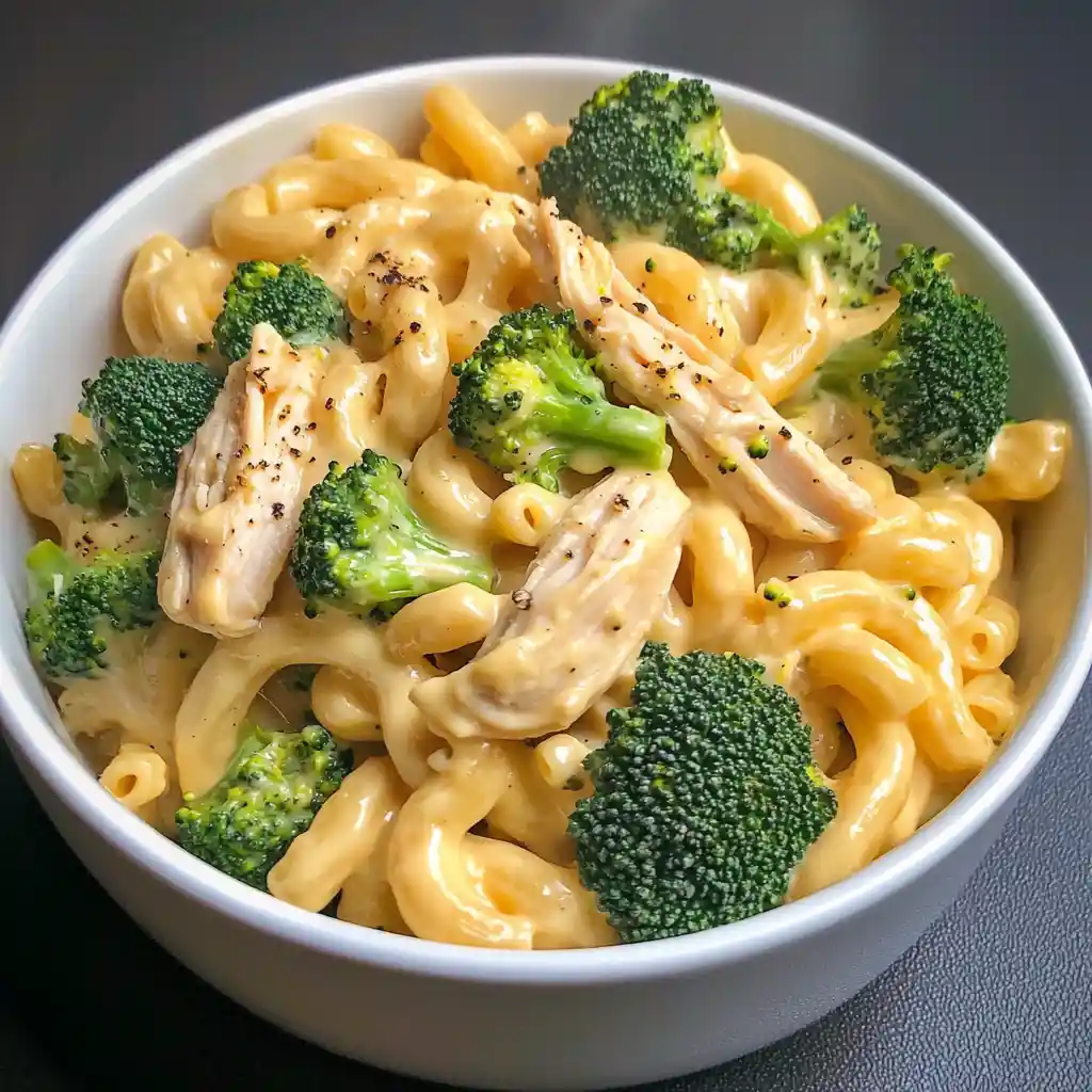 The Ultimate Best Protein Mac And Cheese (Creamy & 40g Protein) 13 A bowl of chicken and broccoli protein mac and cheese