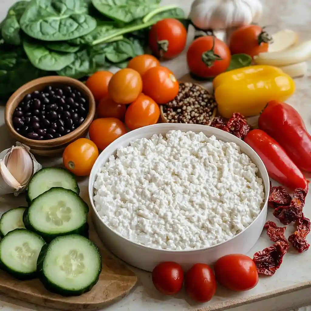 The Ultimate Guide to Cottage Cheese Meal Prep for Dinner 107 Ingredients for cottage cheese meal prep dinners laid out on a kitchen counter