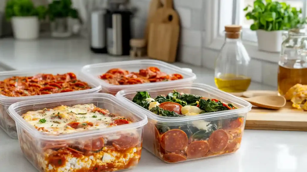 The Ultimate Guide to Cottage Cheese Meal Prep for Dinner 106 Plastic containers filled with layered cottage cheese meal prep dinner dishes, including pepperoni pasta bakes and leafy greens.