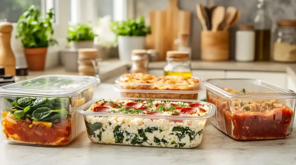 Cottage cheese meal prep for dinner with three realistic meal containers featuring a pizza bowl, stuffed chicken, and veggie frittata