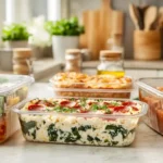 Cottage cheese meal prep for dinner with three realistic meal containers featuring a pizza bowl, stuffed chicken, and veggie frittata