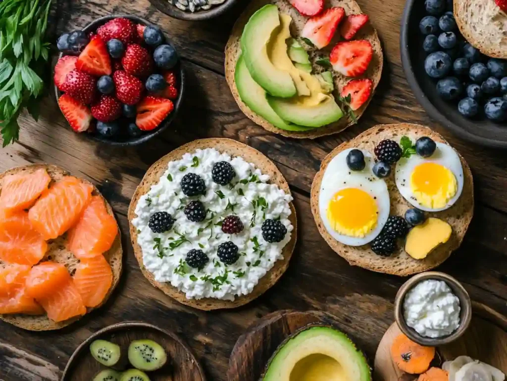 High protein toppings for cottage cheese bagels with salmon, eggs, berries, and avocado on whole grain bagels