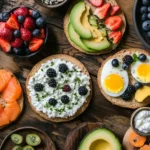 High protein toppings for cottage cheese bagels with salmon, eggs, berries, and avocado on whole grain bagels