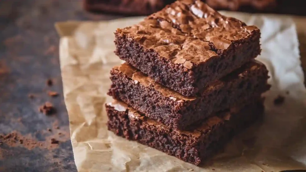 The Ultimate Fudgy Protein Brownies (That Actually Taste Like Dessert) 8 Stack of fudgy protein brownies with a crackly top on parchment paper.