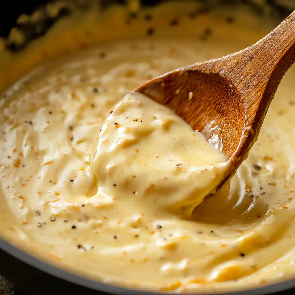 The Ultimate Best Protein Mac And Cheese (Creamy & 40g Protein) 11 stirring protein cheese sauce in the skillet