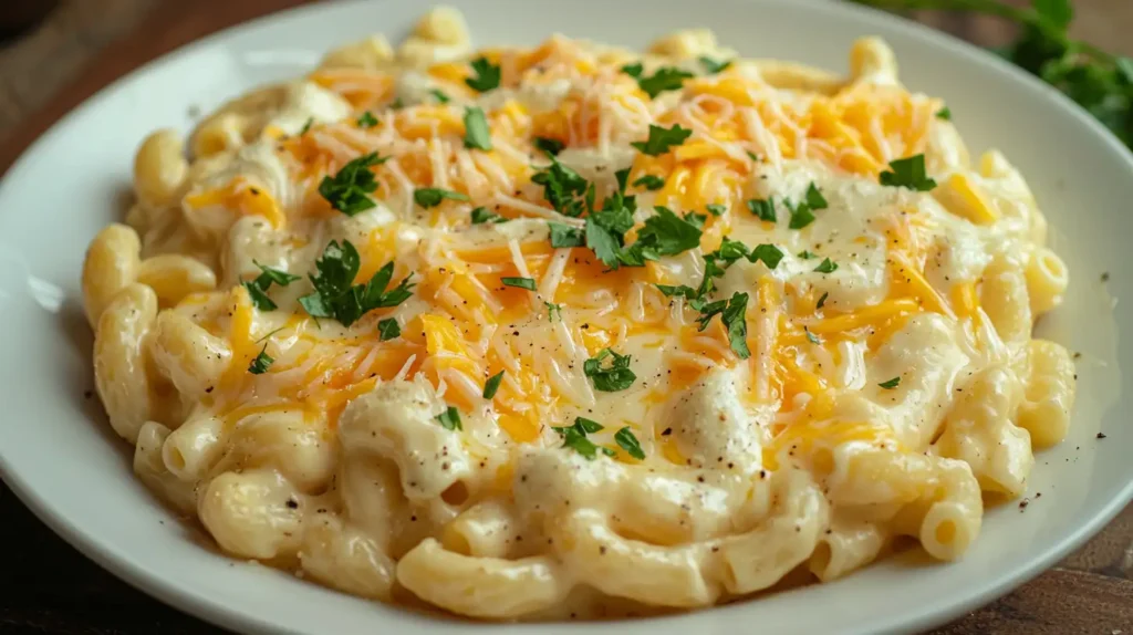 protein mac and cheese in ceramic bowl with herbs