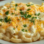 protein mac and cheese in ceramic bowl with herbs