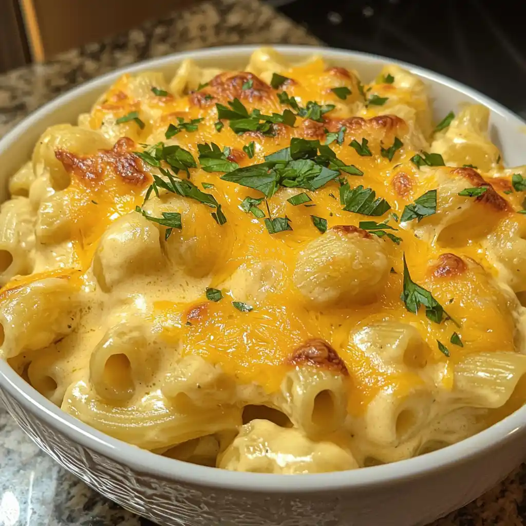 The Ultimate Best Protein Mac And Cheese (Creamy & 40g Protein) 9 A bowl of protein mac and cheese with herbs