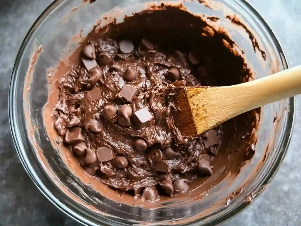 The Ultimate Fudgy Protein Brownies (That Actually Taste Like Dessert) 12 Thick protein brownie batter with chocolate chips in a glass bowl and a wooden spoon.