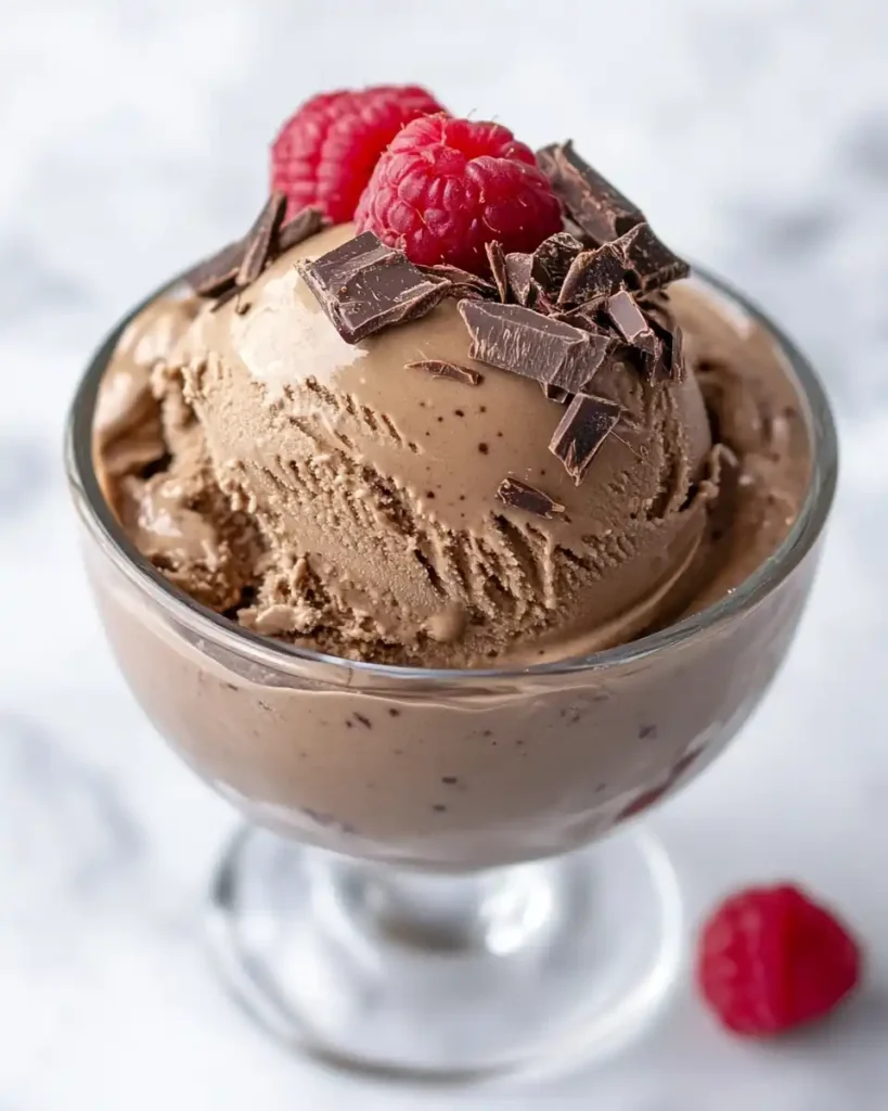The Ultimate Guide to High-Protein Desserts 5 A scoop of rich, smooth chocolate cottage cheese ice cream in a small glass bowl, garnished with dark chocolate shavings and a fresh raspberry.