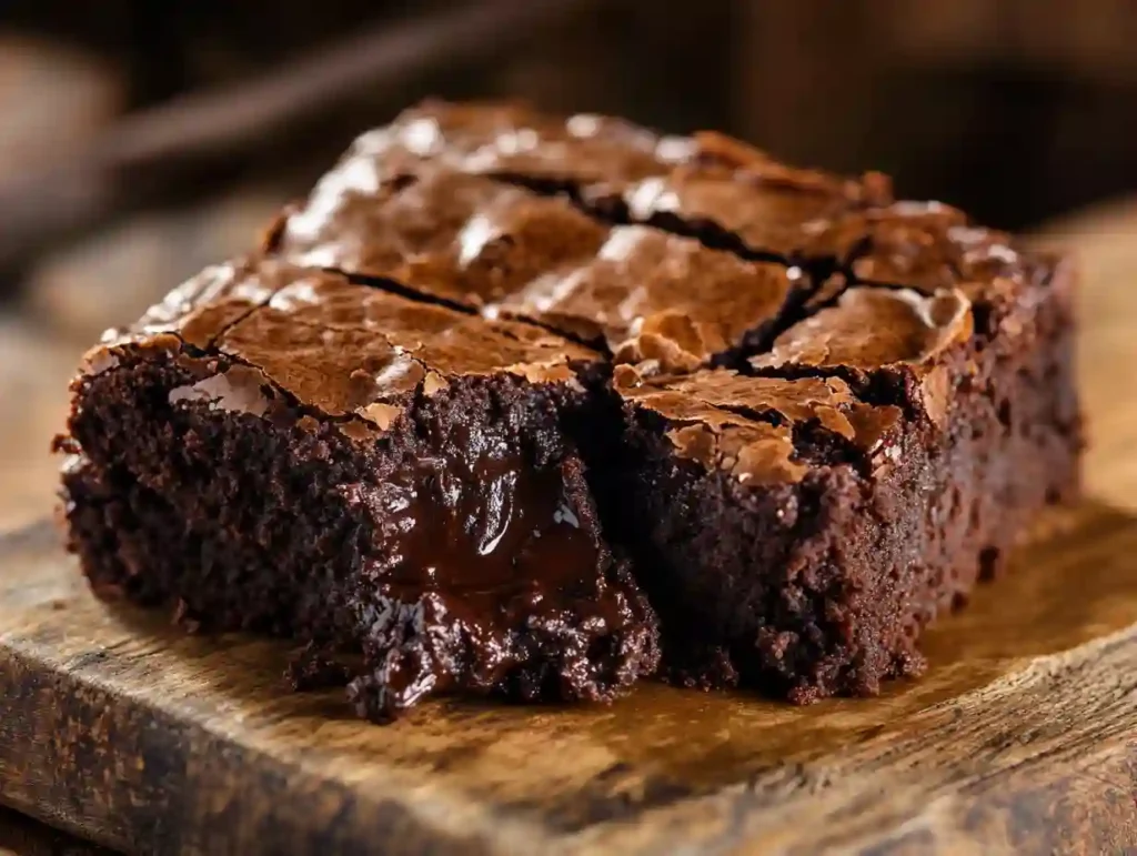 The Ultimate Guide to High-Protein Desserts 2 A close-up of a rich, fudgy protein brownie on a rustic board, with a bite taken out to show the perfectly moist and dense interior texture achieved by using the best protein powder