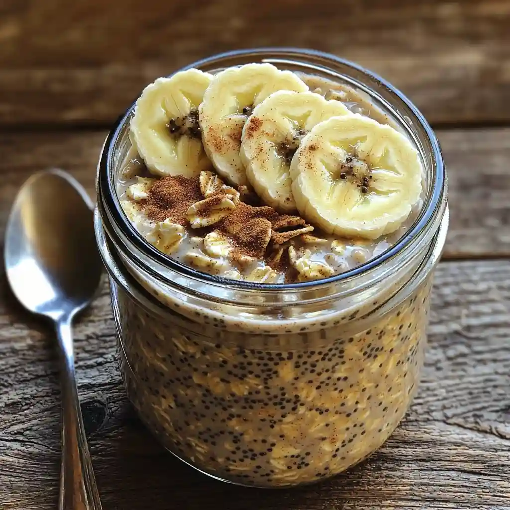 Cinnamon Roll Overnight Oats in a glass jar with creamy oats, chia seeds, cinnamon, and banana slices, perfect high-protein breakfast idea
