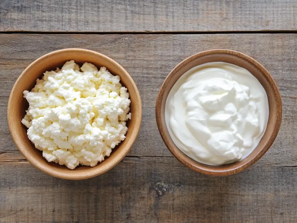 High-Protein Breakfasts: The Ultimate Guide to Starting Your Day Strong 3 A side-by-side comparison of Cottage Cheese vs Greek Yogurt, each in a white bowl and topped with fresh berries to show their different textures.