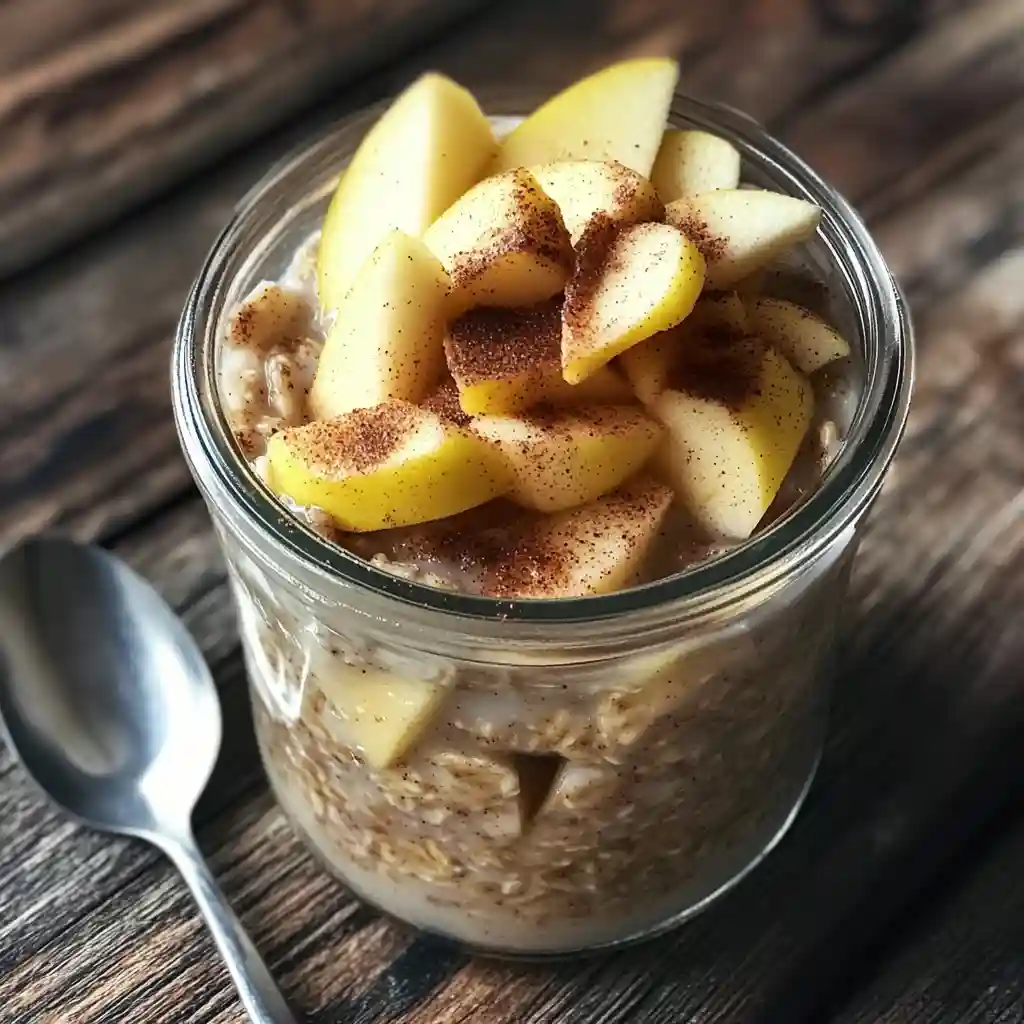 Apple Cinnamon Protein Overnight Oats in a glass jar with creamy oats, apples, and cinnamon, healthy make-ahead breakfast idea.