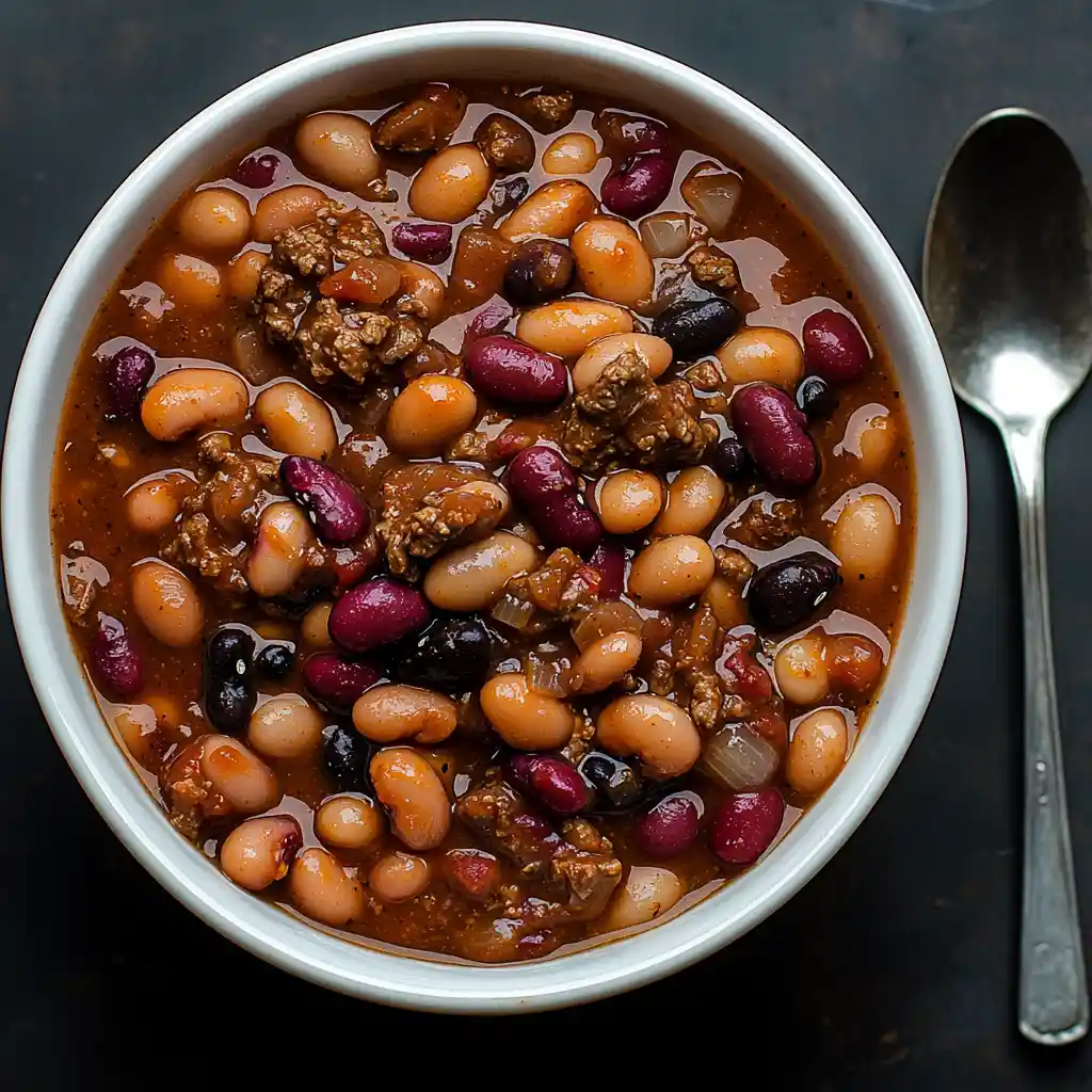 The Ultimate Guide to High-Protein Dinners 5 A bowl of crockpot cowboy beans with ground beef, pinto, kidney, and black beans in a smoky sauce, served in a white bowl.