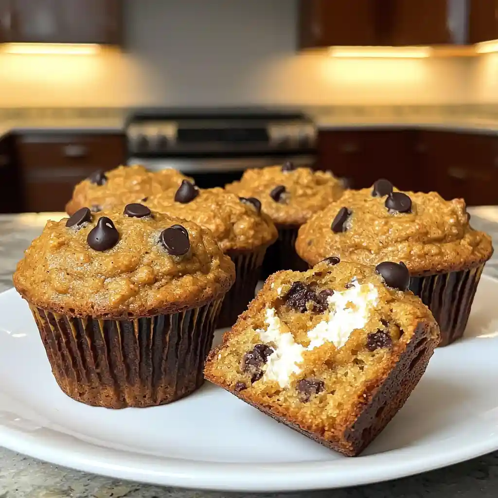 Cottage Cheese Pumpkin Muffins on a white plate, golden, fluffy, and filled with chocolate chips, healthy high-protein fall treat.