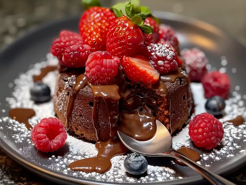 The Ultimate Guide to High-Protein Desserts 6 A freshly baked protein lava cake on a plate, with a spoon cutting into it to reveal a gooey, molten chocolate center, topped with fresh berries.