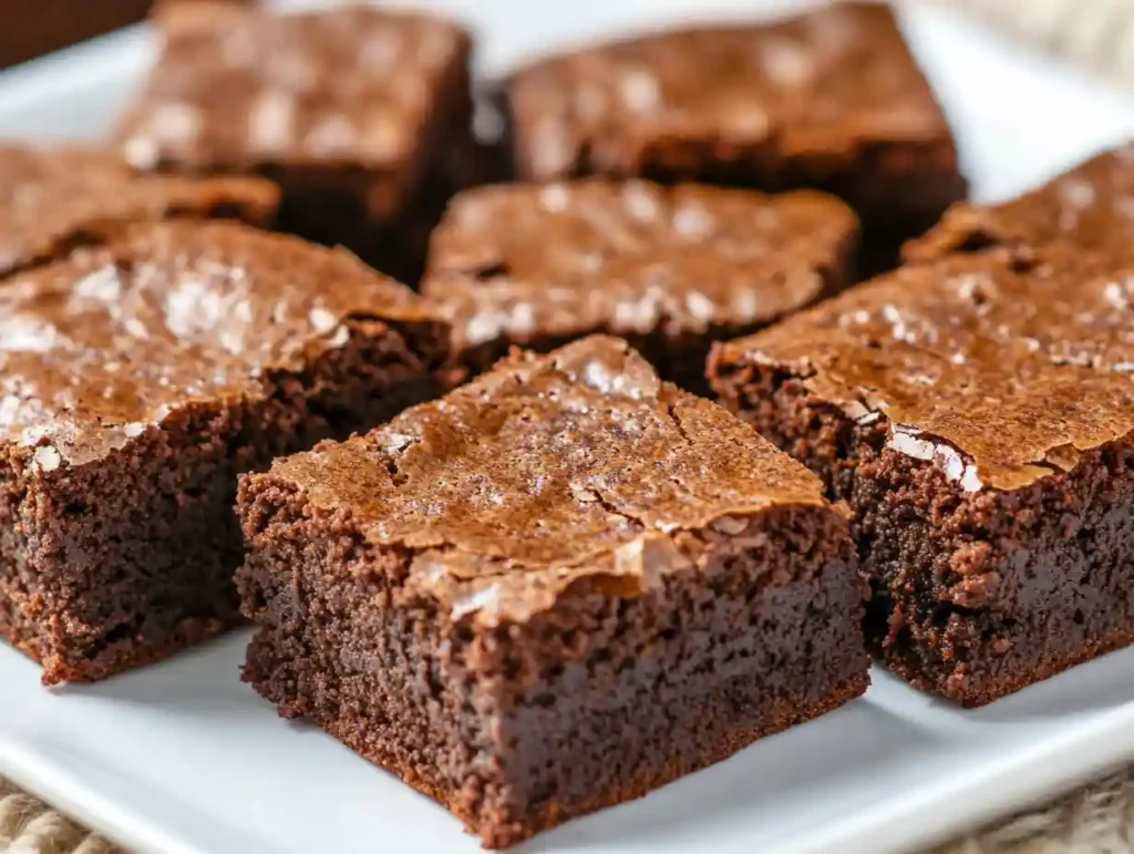 The Ultimate Guide to High-Protein Desserts 3 A close-up of fudgy chocolate protein brownies cut into squares and arranged on a white plate, with warm, soft lighting