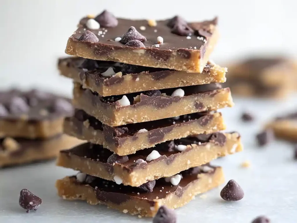 The Ultimate Guide to High-Protein Desserts 4 A simple, homemade batch of protein cookie dough bark broken into pieces on a sheet of parchment paper.