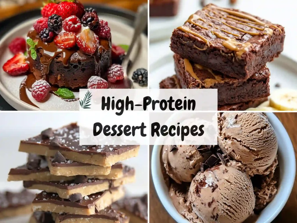 A collage of various high-protein desserts, including a fudgy brownie, a molten chocolate lava cake, and a bowl of creamy chocolate ice cream.