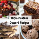 A collage of various high-protein desserts, including a fudgy brownie, a molten chocolate lava cake, and a bowl of creamy chocolate ice cream.