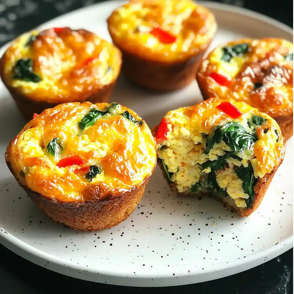 High Protein Egg Muffins with spinach, red bell pepper, and cheese on a white plate, healthy grab-and-go breakfast idea.
