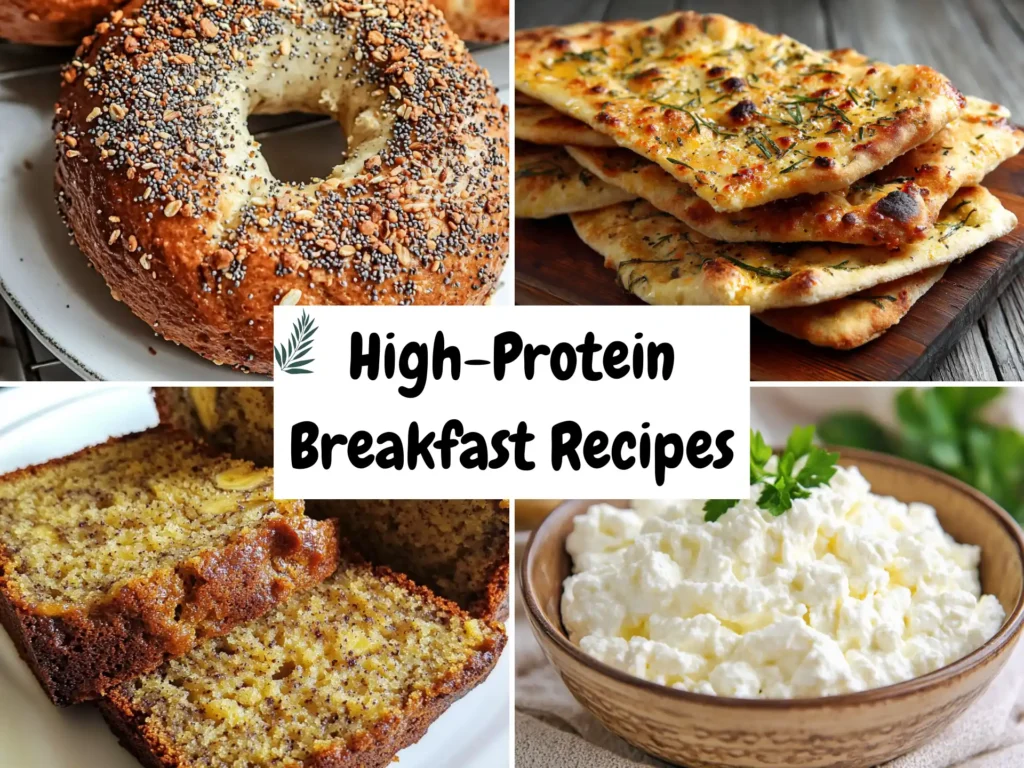 An overhead view of four different high-protein breakfast ideas: a savory bagel, a berry smoothie bowl, a slice of banana bread, and a bowl of oatmeal with fruit.