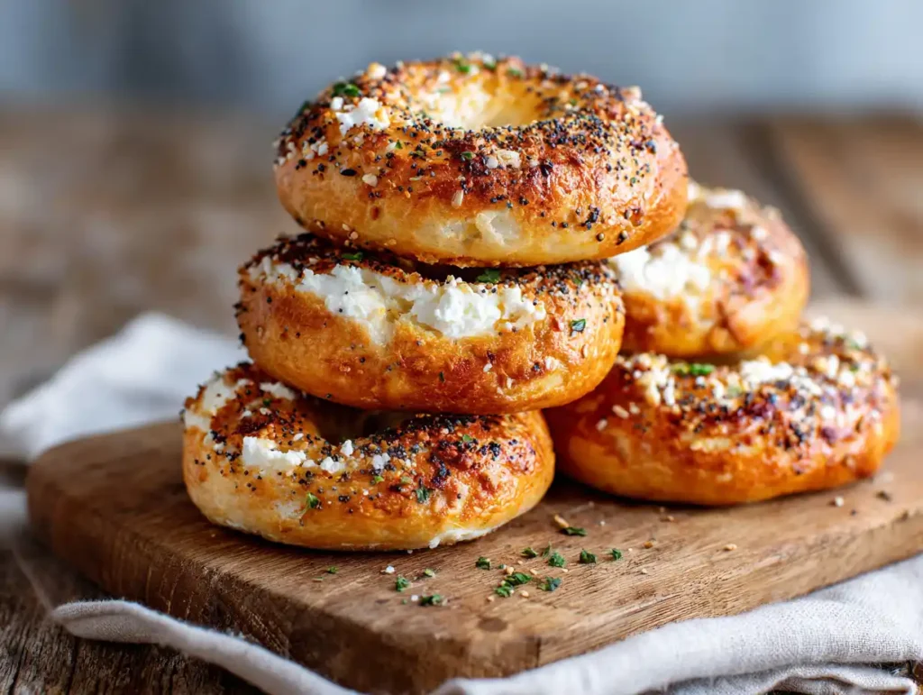 High-Protein Breakfasts: The Ultimate Guide to Starting Your Day Strong 2 A stack of freshly baked high-protein cottage cheese bagels on a wooden board, with one sliced in half to show the soft texture.