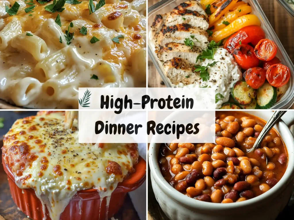 A vibrant and appetizing spread of various high-protein dinner ideas suitable for healthy family meals.