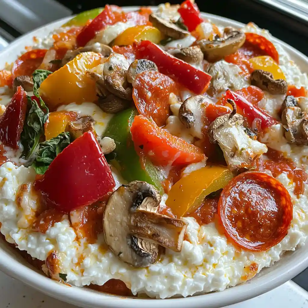The Ultimate Guide to High-Protein Dinners 6 A white bowl filled with cottage cheese topped with marinara sauce, melted mozzarella, turkey pepperoni, and mixed vegetables.