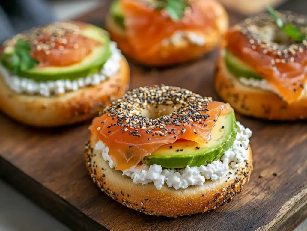 High-Protein Breakfasts: The Ultimate Guide to Starting Your Day Strong 4 An open-faced cottage cheese bagel with high-protein toppings like sliced avocado, smoked salmon, and fresh herbs.