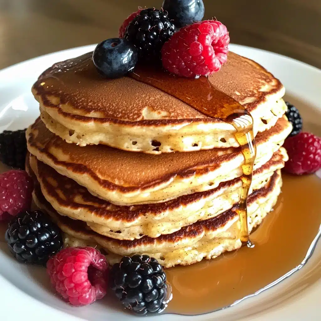 Protein Pancakes Without Banana, fluffy golden pancakes stacked with maple syrup and fresh berries on a white plate