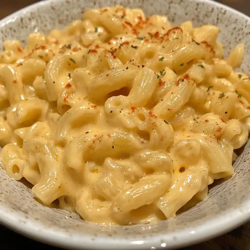 The Ultimate Guide to High-Protein Dinners 2 A close-up of a warm bowl of creamy protein mac and cheese, showing the cheesy shell pasta in a rich sauce.