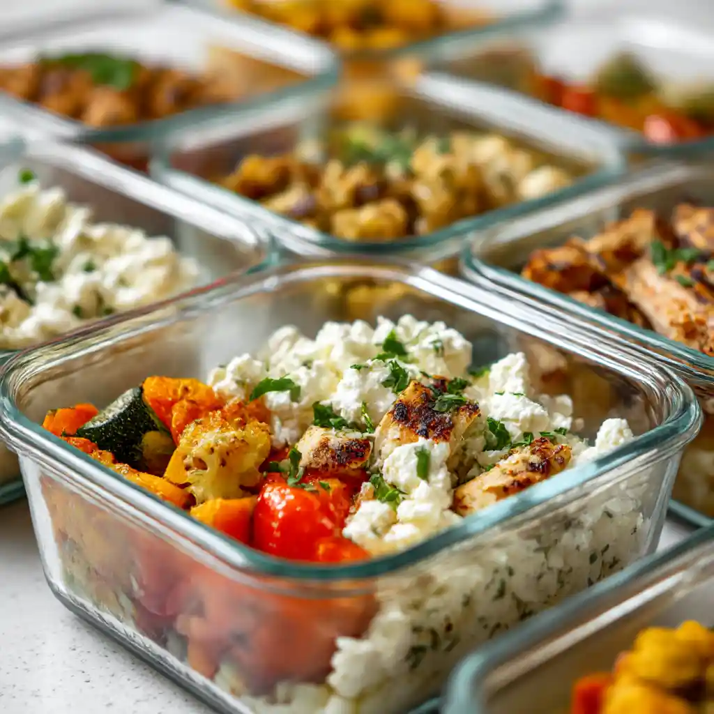 The Ultimate Guide to High-Protein Dinners 3 Multiple glass containers showing a cottage cheese meal prep for dinner, packed with chicken breast and veggies.